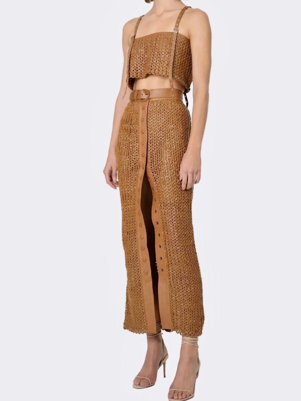 NONCHALANT Label, Genuine Leather Crochet Tan Maxi Skirt with Belt, size M, NWT - Picture 2 of 10